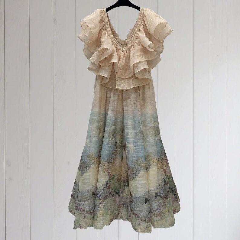 Art Painting Print Long Dresses, Patchwork Beach Dress, Ruffle Cocktail Dress, Elegant Dress for Women, Romantic Party Dress, Evening Outfit
