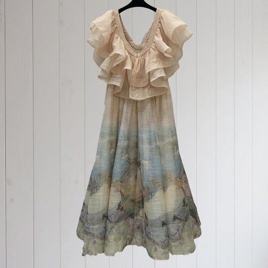 Art Painting Print Long Dresses, Patchwork Beach Dress, Ruffle Cocktail Dress, Elegant Dress for Women, Romantic Party Dress, Evening Outfit