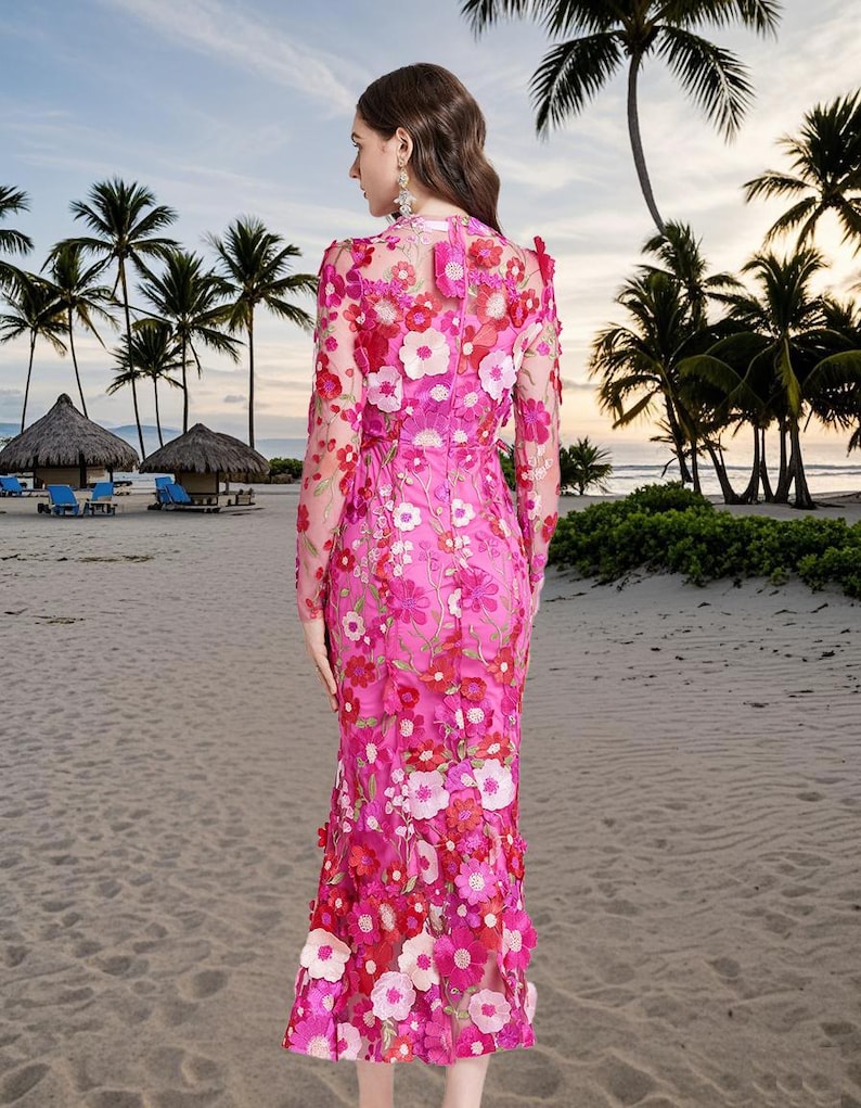 Floral Embroidered Mesh Party Dress, Holiday beach dress, Fishtail Hem Formal Dress, Wedding Guest Outfit, Elegant Long Sleeve Evening Dress