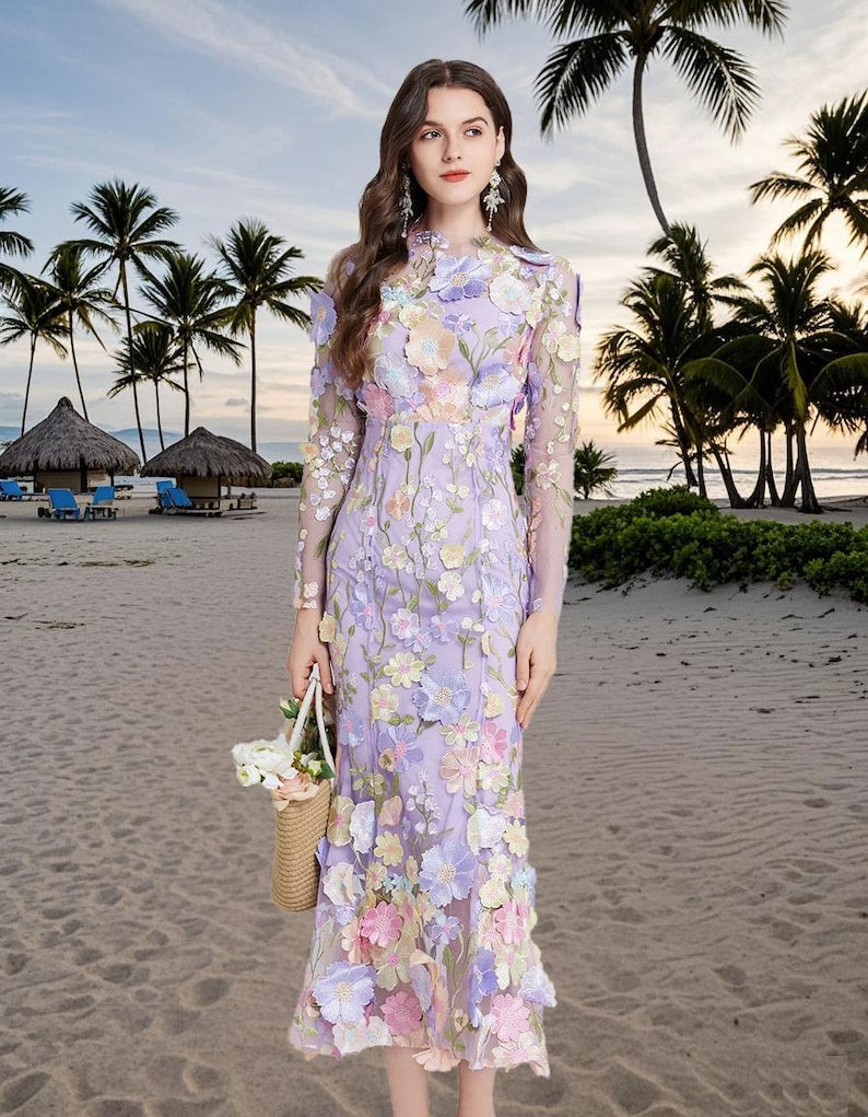 Floral Embroidered Mesh Party Dress, Holiday beach dress, Fishtail Hem Formal Dress, Wedding Guest Outfit, Elegant Long Sleeve Evening Dress