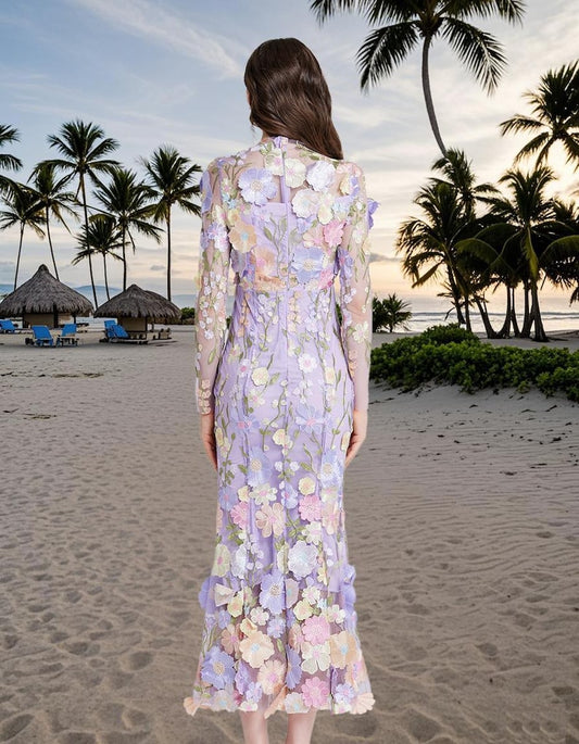 Floral Embroidered Mesh Party Dress, Holiday beach dress, Fishtail Hem Formal Dress, Wedding Guest Outfit, Elegant Long Sleeve Evening Dress