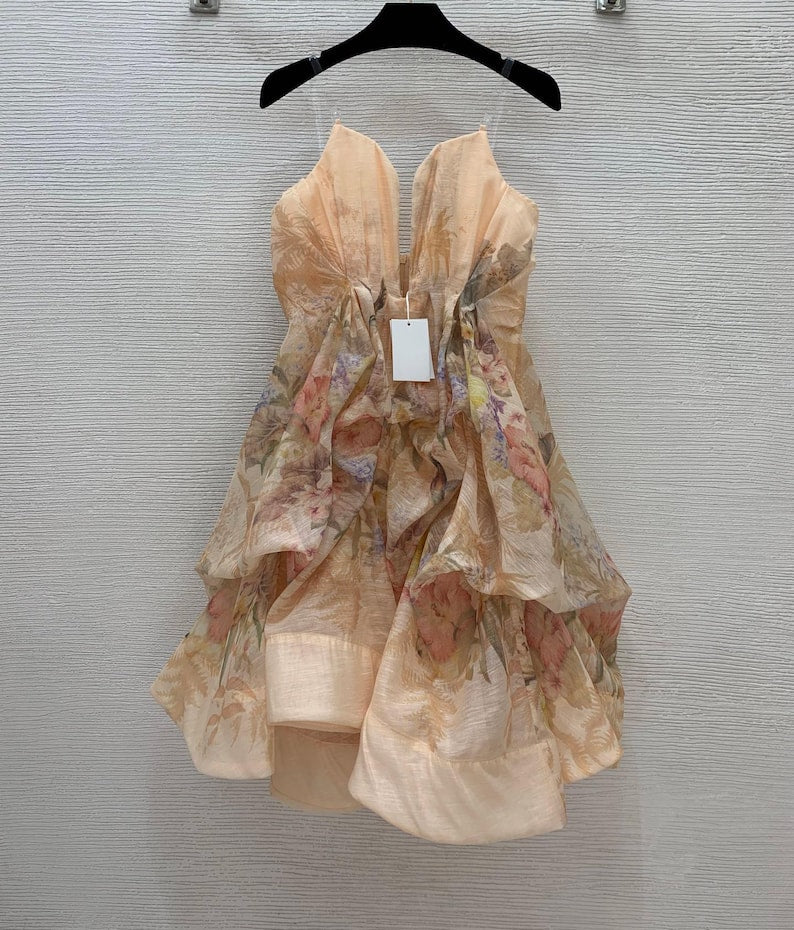High-end Custom Layered Flowers Dress, Strapless Tube Top Ruffle Cocktail Dress, Puffy Dress, Romantic Evening & Party Dress