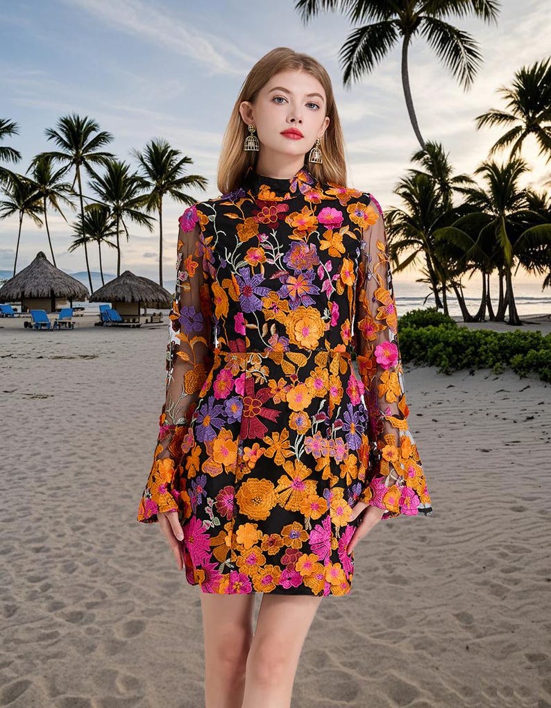 Floral Embroidered Mesh Party Dress, Holiday beach dress, Fishtail Hem Formal Dress, Wedding Guest Outfit, Flare Long Sleeve Evening Dress