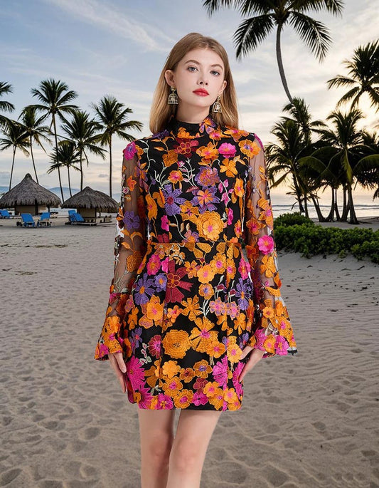 Floral Embroidered Mesh Party Dress, Holiday beach dress, Fishtail Hem Formal Dress, Wedding Guest Outfit, Flare Long Sleeve Evening Dress