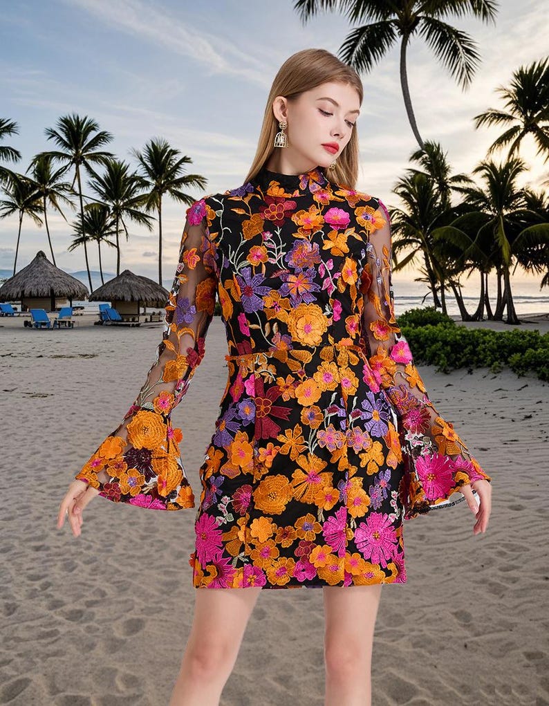 Floral Embroidered Mesh Party Dress, Holiday beach dress, Fishtail Hem Formal Dress, Wedding Guest Outfit, Flare Long Sleeve Evening Dress