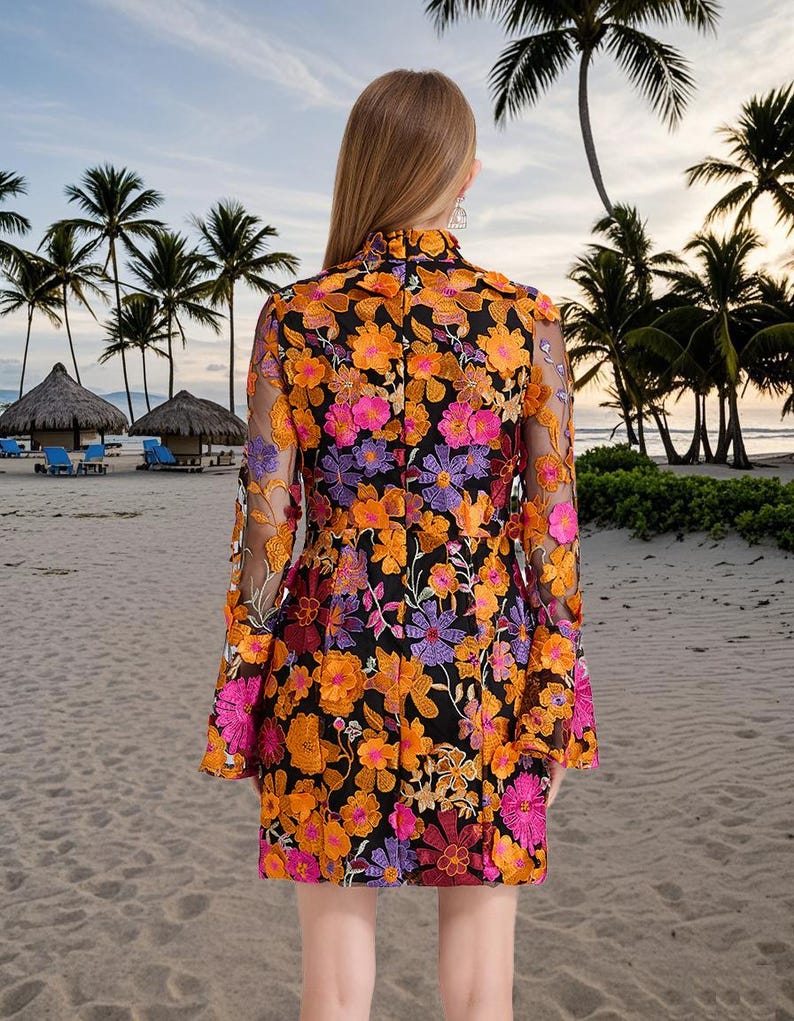 Floral Embroidered Mesh Party Dress, Holiday beach dress, Fishtail Hem Formal Dress, Wedding Guest Outfit, Flare Long Sleeve Evening Dress