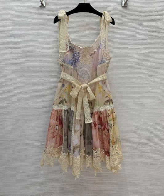 Suspender Lace Print Linen Dress,Patchwork Belt, Elegant Dress for Women, Romantic Party Dress, Evening Outfit