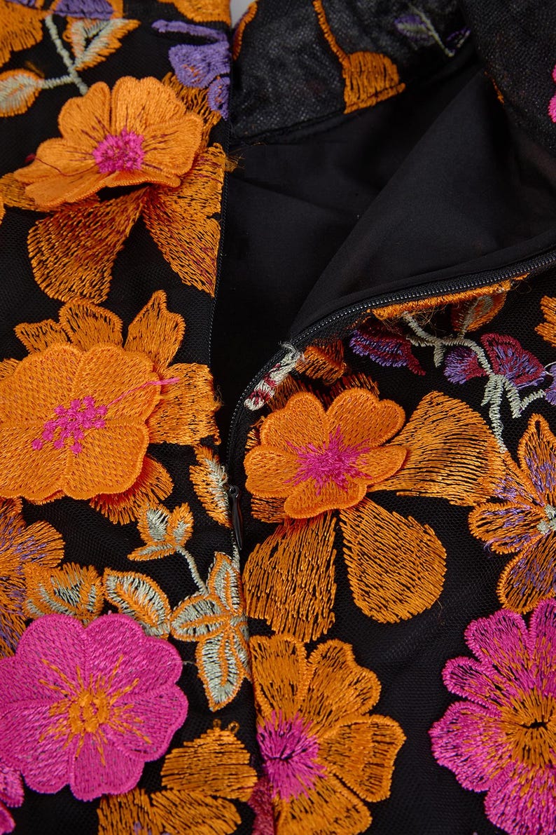 Floral Embroidered Mesh Party Dress, Holiday beach dress, Fishtail Hem Formal Dress, Wedding Guest Outfit, Flare Long Sleeve Evening Dress