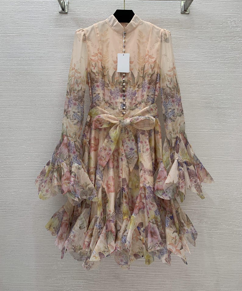 Custom Floral Print Ruffles Dress, Loose Patchwork Flare Sleeve, Beach Dress, Elegant Dress for Women, Party Dress, With Belt