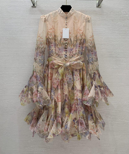 Custom Floral Print Ruffles Dress, Loose Patchwork Flare Sleeve, Beach Dress, Elegant Dress for Women, Party Dress, With Belt