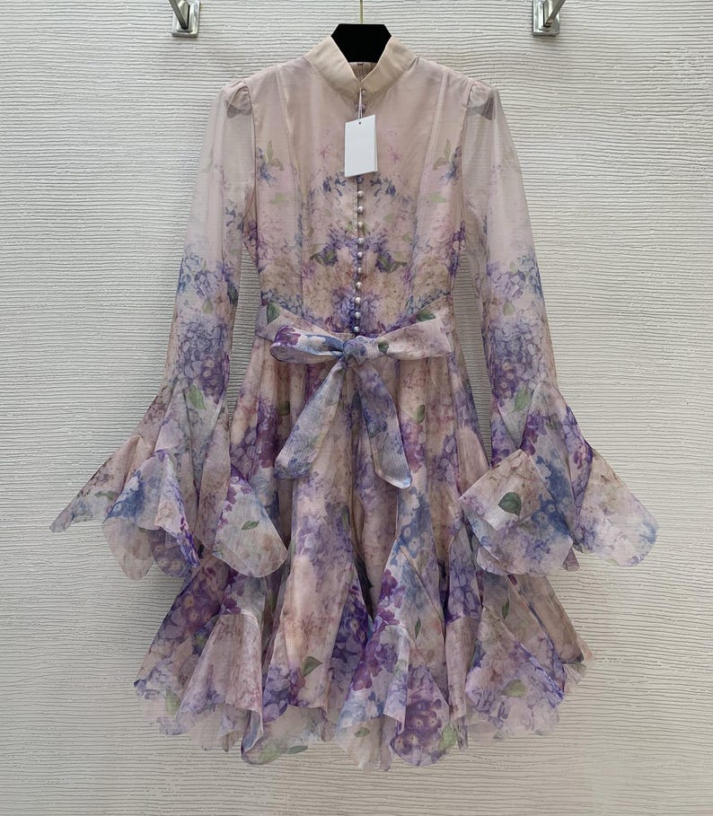 Custom Floral Print Ruffles Dress, Loose Patchwork Flare Sleeve, Beach Dress, Elegant Dress for Women, Party Dress, With Belt