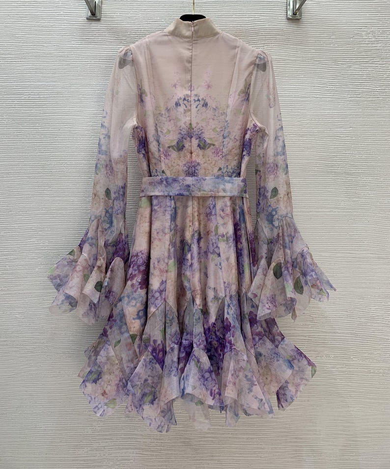 Custom Floral Print Ruffles Dress, Loose Patchwork Flare Sleeve, Beach Dress, Elegant Dress for Women, Party Dress, With Belt