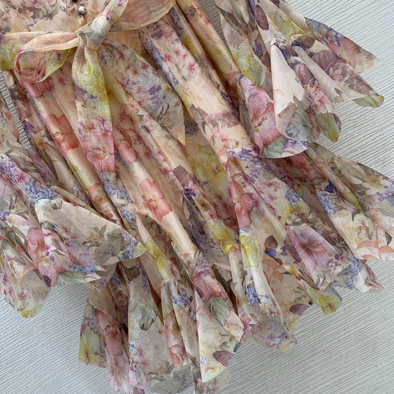 Custom Floral Print Ruffles Dress, Loose Patchwork Flare Sleeve, Beach Dress, Elegant Dress for Women, Party Dress, With Belt