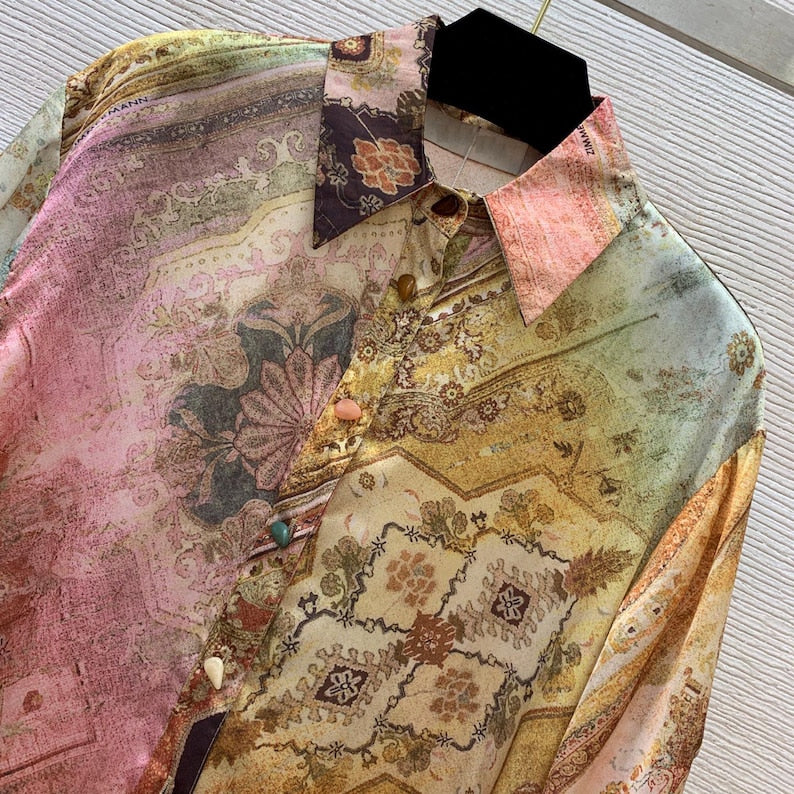 Custom Silk Print Two-piece Set, Loose Evening Party Suits,Long Sleeve Top Pants Set, Trousers Set
