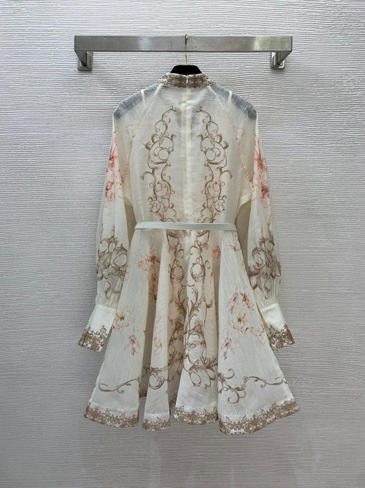 Autumn Flower Print Dresses, Fashion Beach Dress, Long Sleeve, Elegant Dress for Women, Romantic Party Dress,Belt Evening Outfit