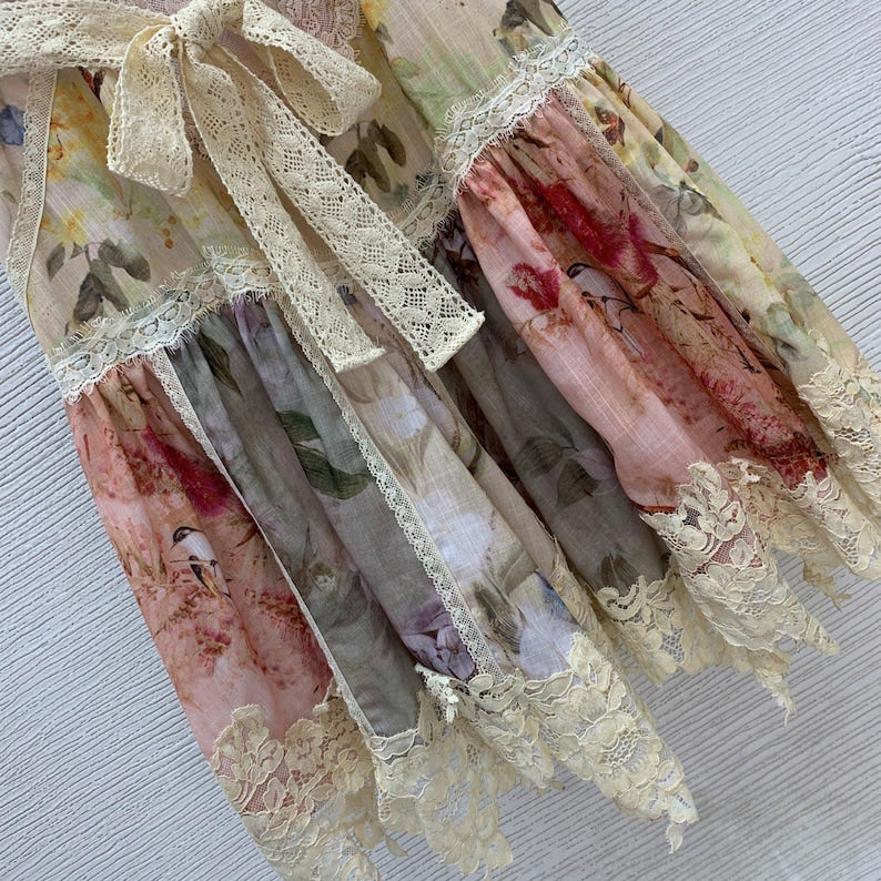 Suspender Lace Print Linen Dress,Patchwork Belt, Elegant Dress for Women, Romantic Party Dress, Evening Outfit