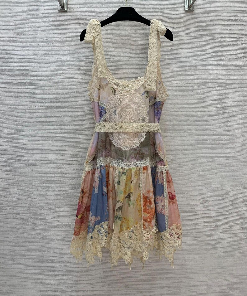 Suspender Lace Print Linen Dress,Patchwork Belt, Elegant Dress for Women, Romantic Party Dress, Evening Outfit