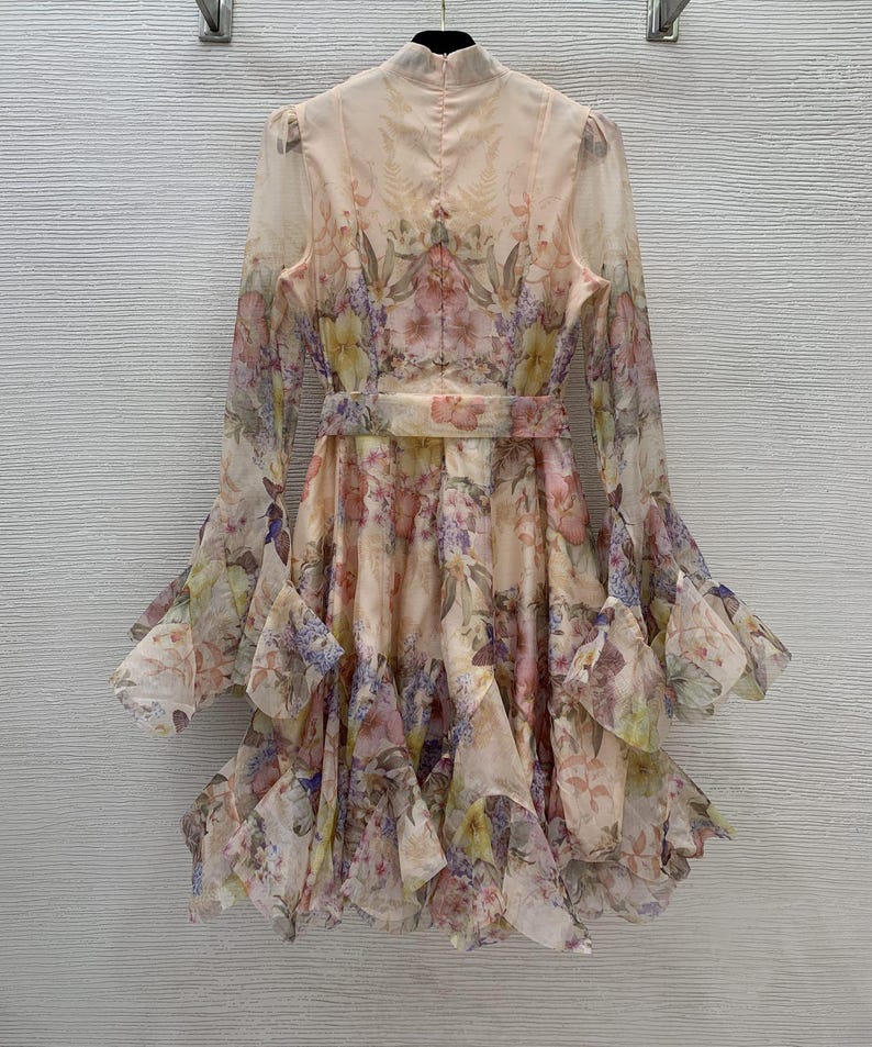 Custom Floral Print Ruffles Dress, Loose Patchwork Flare Sleeve, Beach Dress, Elegant Dress for Women, Party Dress, With Belt