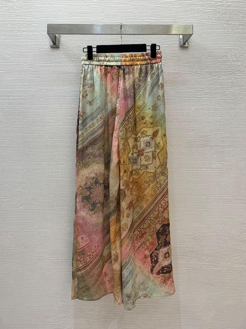 Custom Silk Print Two-piece Set, Loose Evening Party Suits,Long Sleeve Top Pants Set, Trousers Set