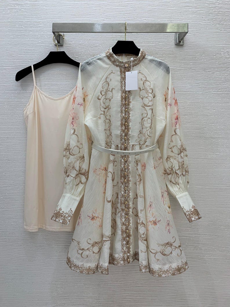 Autumn Flower Print Dresses, Fashion Beach Dress, Long Sleeve, Elegant Dress for Women, Romantic Party Dress,Belt Evening Outfit
