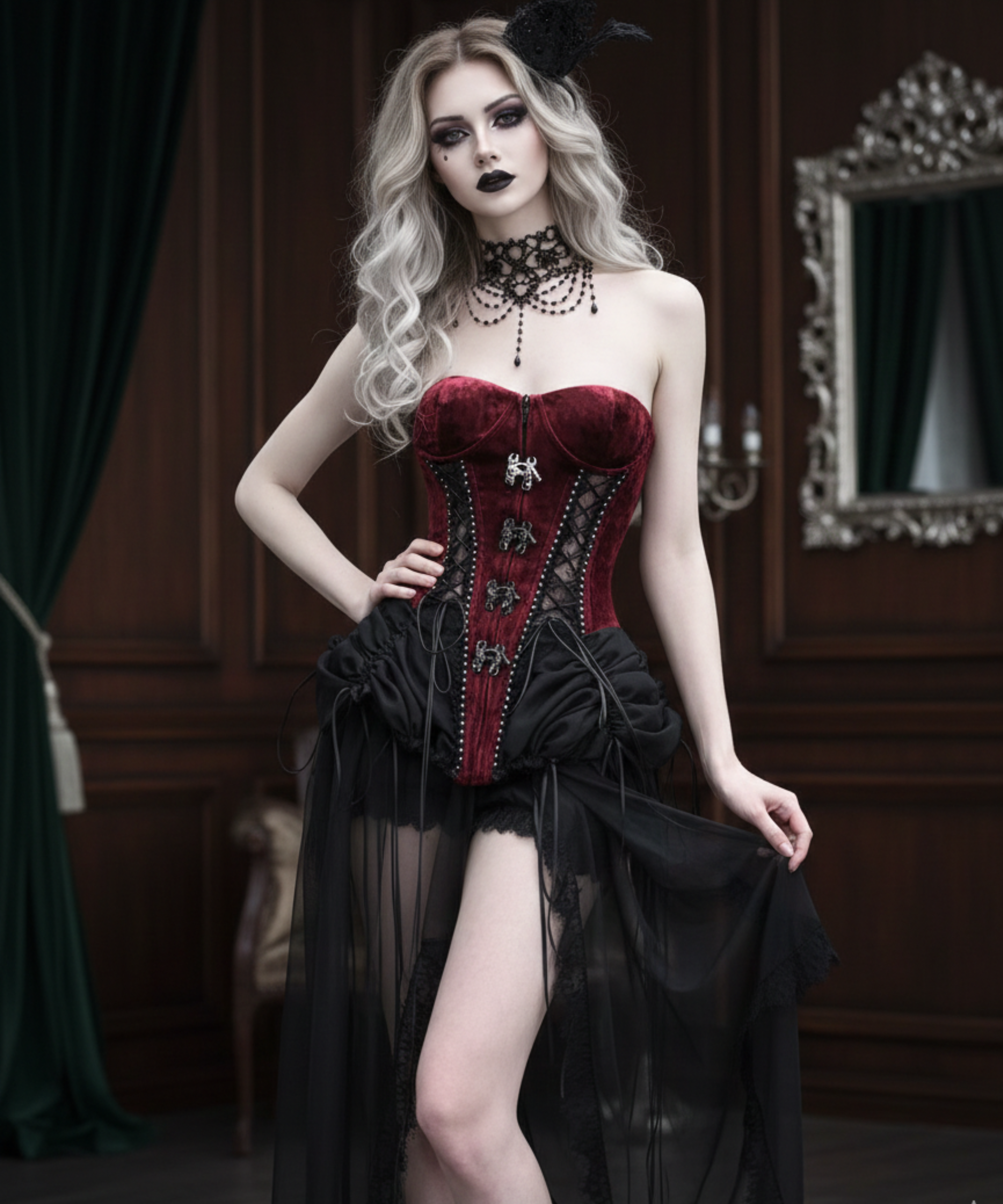 Gothic Victorian Wedding Dress, Burgundy Velvet Corset Gown, High-Low Gothic Dress, Steampunk Masquerade Costume.