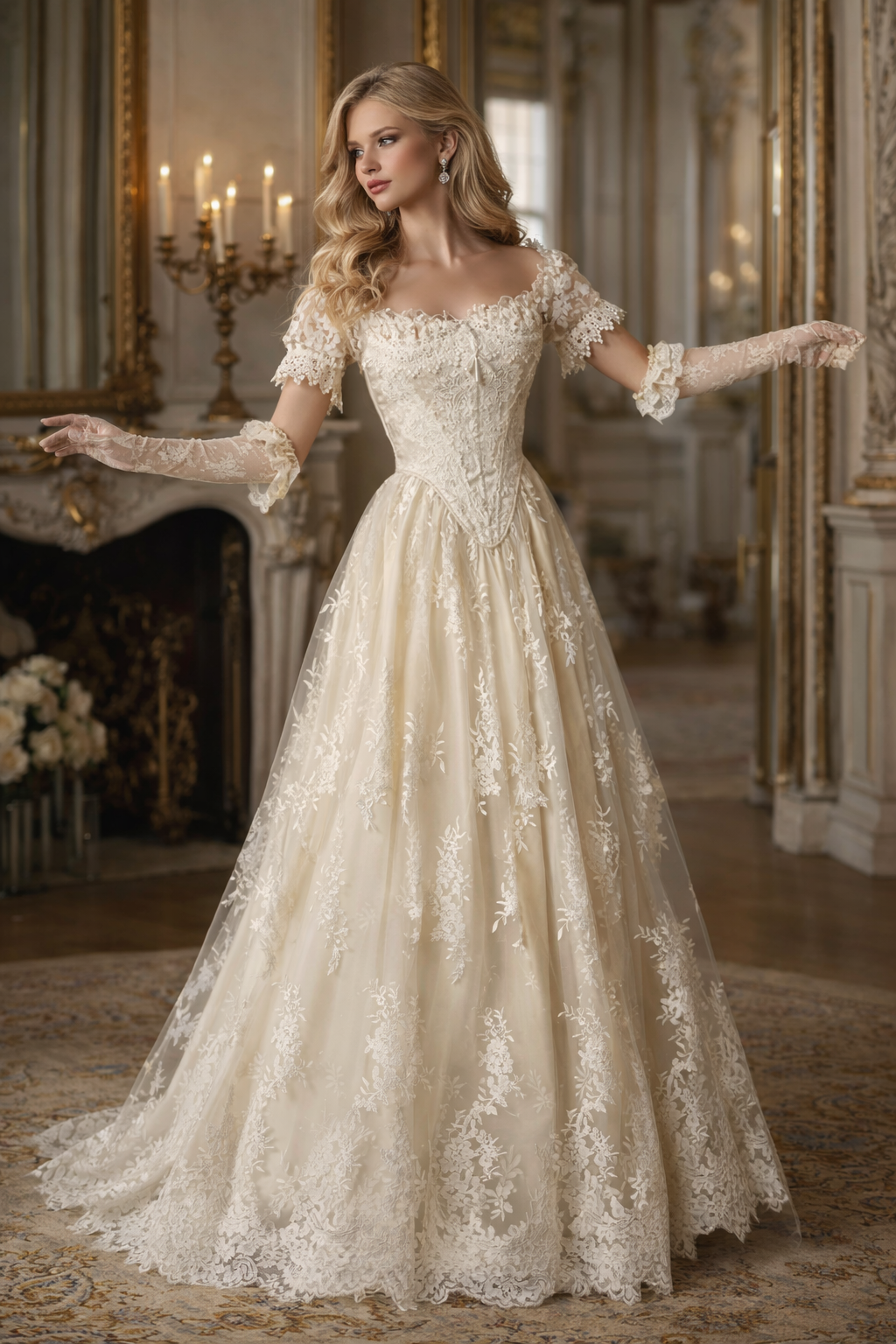Woman in a lace wedding dress standing in an elegant room with chandeliers.