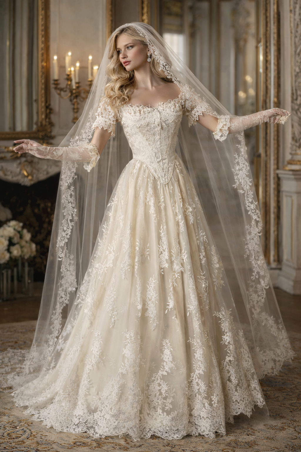 Vintage Ivory Lace Wedding Dress • French Corset, Puff Sleeves