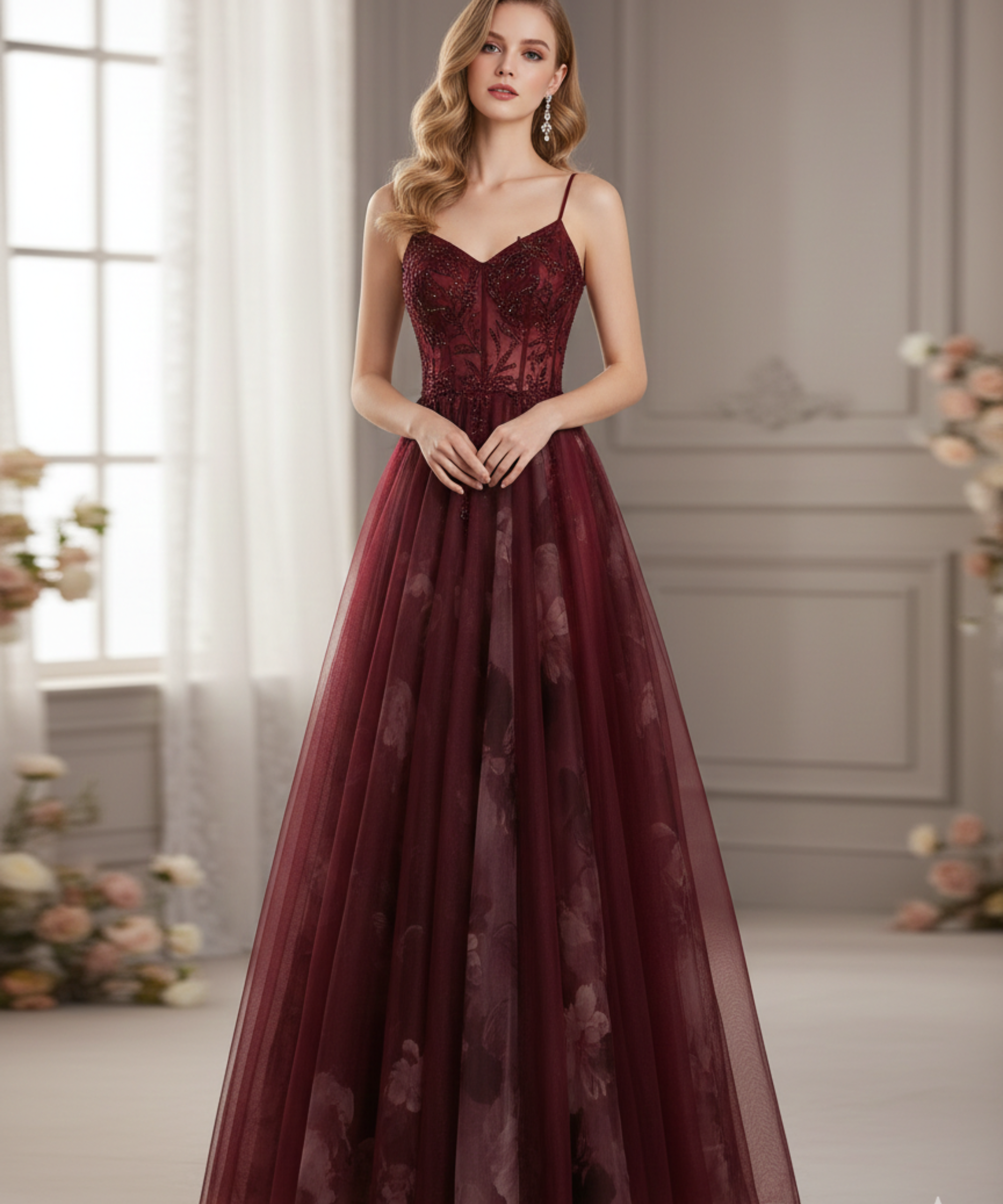 Burgundy Embroidered Tulle A-Line Evening Gown – Spaghetti Strap Formal Prom Dress