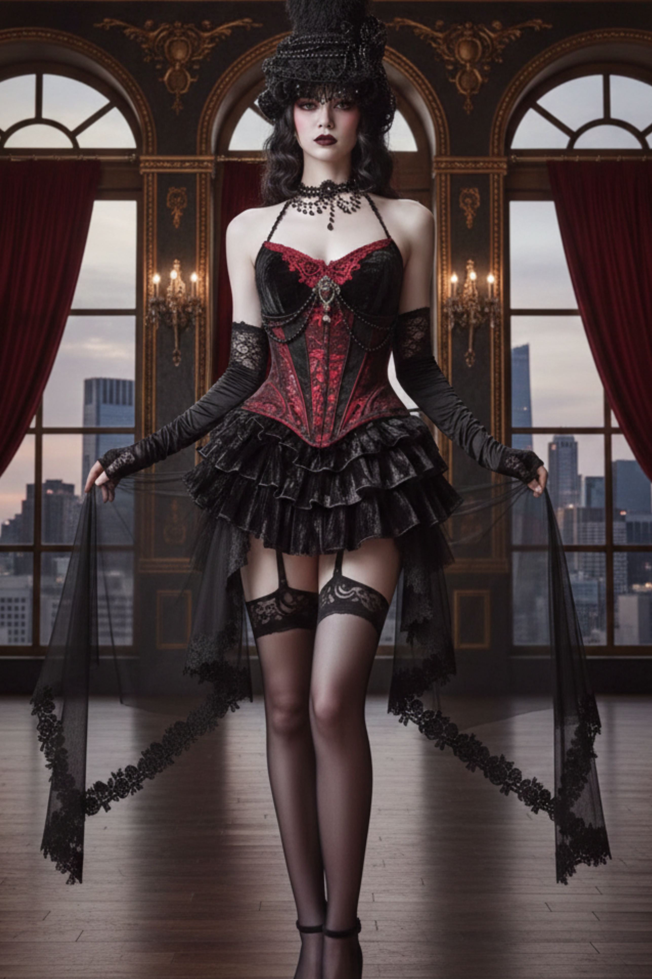 Woman in a black and red lingerie set in an elegant room with large windows.