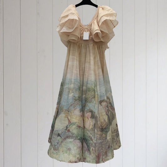 Art Painting Print Long Dresses, Patchwork Beach Dress, Ruffle Cocktail Dress, Elegant Dress for Women, Romantic Party Dress, Evening Outfit