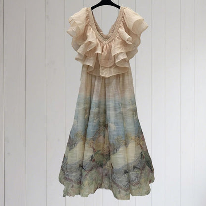 Art Painting Print Long Dresses, Patchwork Beach Dress, Ruffle Cocktail Dress, Elegant Dress for Women, Romantic Party Dress, Evening Outfit