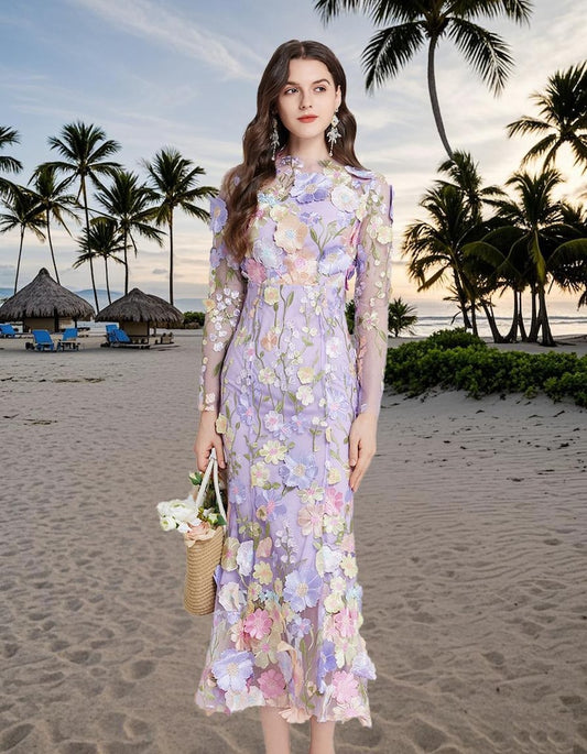 Floral Embroidered Mesh Party Dress, Holiday beach dress, Fishtail Hem Formal Dress, Wedding Guest Outfit, Elegant Long Sleeve Evening Dress
