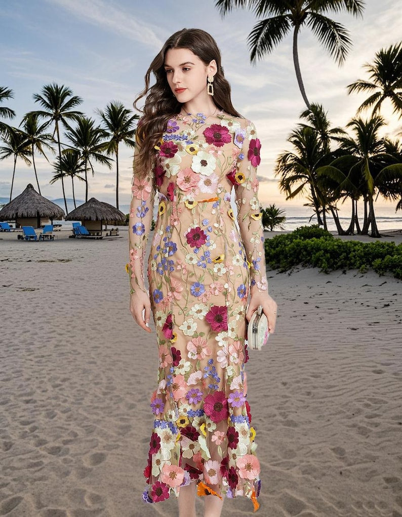 Floral Embroidered Mesh Party Dress, Holiday beach dress, Fishtail Hem Formal Dress, Wedding Guest Outfit, Elegant Long Sleeve Evening Dress