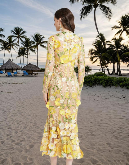 Floral Embroidered Mesh Party Dress, Holiday beach dress, Fishtail Hem Formal Dress, Wedding Guest Outfit, Elegant Long Sleeve Evening Dress