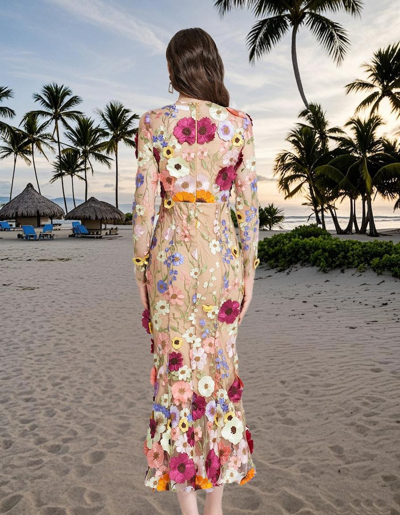 Floral Embroidered Mesh Party Dress, Holiday beach dress, Fishtail Hem Formal Dress, Wedding Guest Outfit, Elegant Long Sleeve Evening Dress
