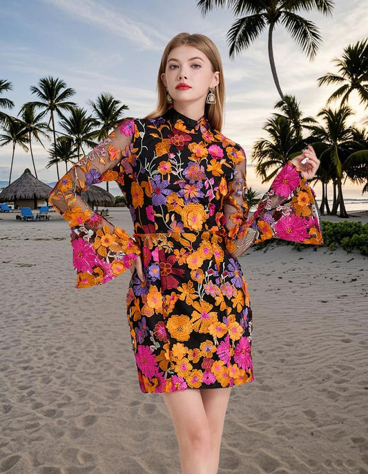 Floral Embroidered Mesh Party Dress, Holiday beach dress, Fishtail Hem Formal Dress, Wedding Guest Outfit, Flare Long Sleeve Evening Dress
