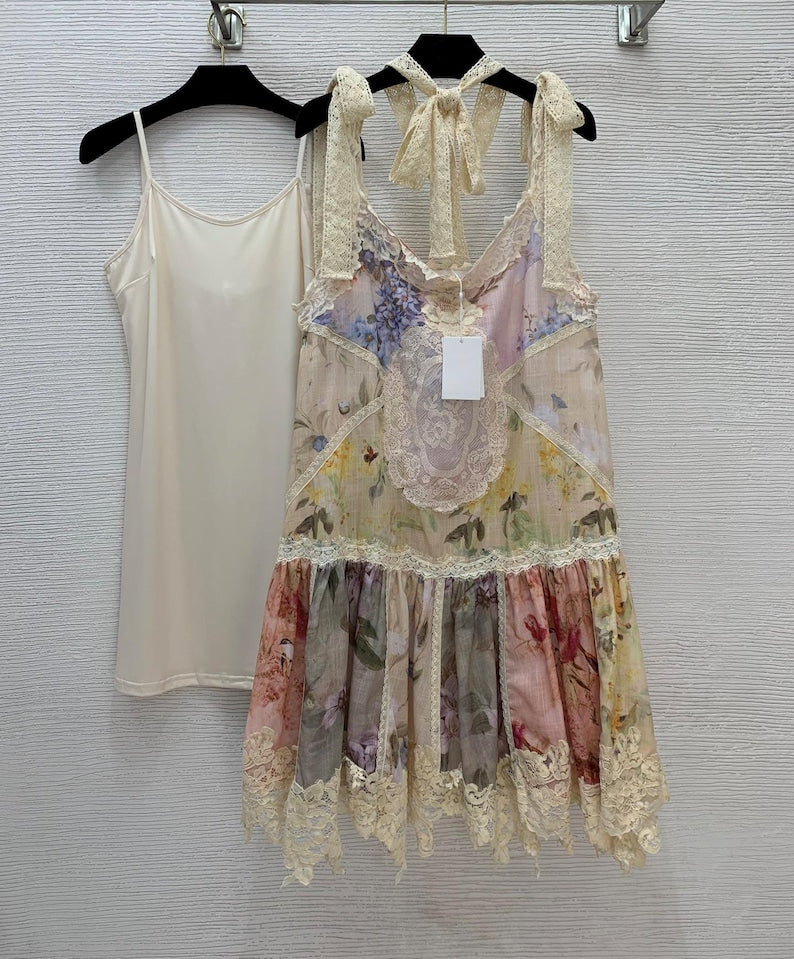 Suspender Lace Print Linen Dress,Patchwork Belt, Elegant Dress for Women, Romantic Party Dress, Evening Outfit