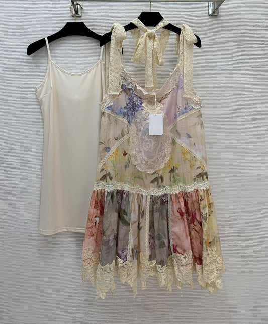Suspender Lace Print Linen Dress,Patchwork Belt, Elegant Dress for Women, Romantic Party Dress, Evening Outfit