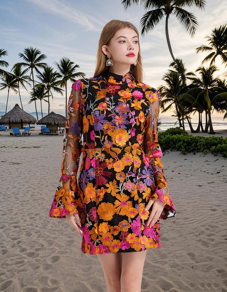 Floral Embroidered Mesh Party Dress, Holiday beach dress, Fishtail Hem Formal Dress, Wedding Guest Outfit, Flare Long Sleeve Evening Dress