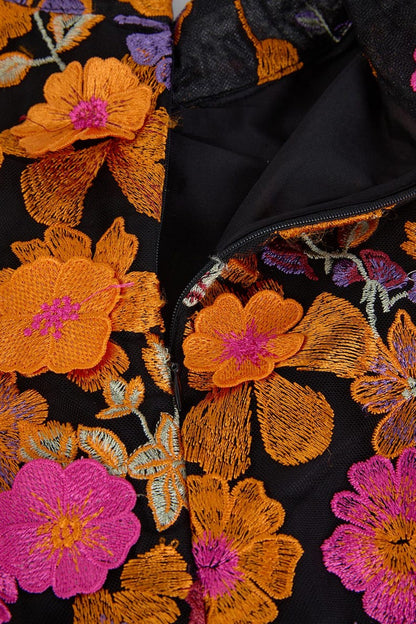 Floral Embroidered Mesh Party Dress, Holiday beach dress, Fishtail Hem Formal Dress, Wedding Guest Outfit, Flare Long Sleeve Evening Dress