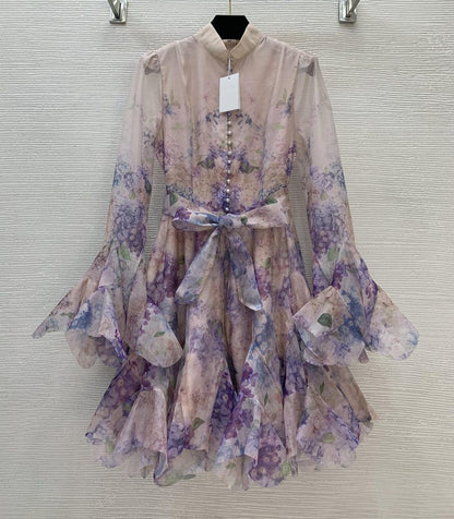 Custom Floral Print Ruffles Dress, Loose Patchwork Flare Sleeve, Beach Dress, Elegant Dress for Women, Party Dress, With Belt