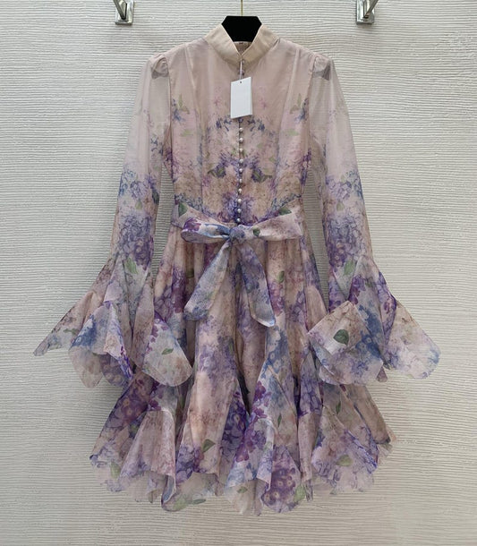Custom Floral Print Ruffles Dress, Loose Patchwork Flare Sleeve, Beach Dress, Elegant Dress for Women, Party Dress, With Belt