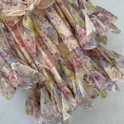 Custom Floral Print Ruffles Dress, Loose Patchwork Flare Sleeve, Beach Dress, Elegant Dress for Women, Party Dress, With Belt