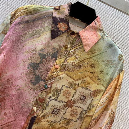 Custom Silk Print Two-piece Set, Loose Evening Party Suits,Long Sleeve Top Pants Set, Trousers Set