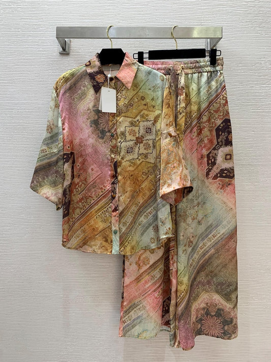 Custom Silk Print Two-piece Set, Loose Evening Party Suits,Long Sleeve Top Pants Set, Trousers Set