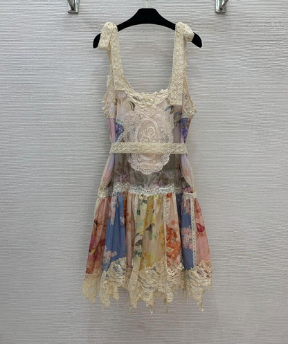Suspender Lace Print Linen Dress,Patchwork Belt, Elegant Dress for Women, Romantic Party Dress, Evening Outfit