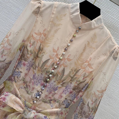 Custom Floral Print Ruffles Dress, Loose Patchwork Flare Sleeve, Beach Dress, Elegant Dress for Women, Party Dress, With Belt