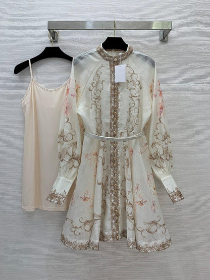Autumn Flower Print Dresses, Fashion Beach Dress, Long Sleeve, Elegant Dress for Women, Romantic Party Dress,Belt Evening Outfit