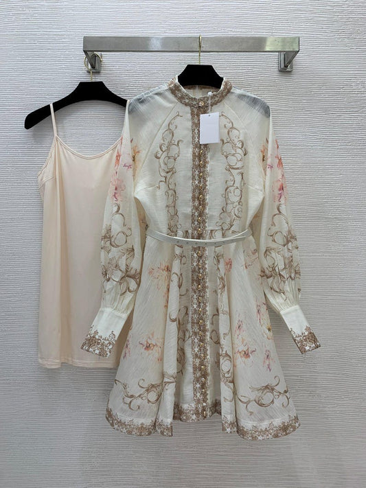 Autumn Flower Print Dresses, Fashion Beach Dress, Long Sleeve, Elegant Dress for Women, Romantic Party Dress,Belt Evening Outfit