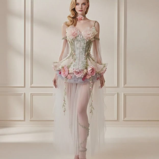 Couture 3D Floral Embroidery Fairy Corset Mini Dress with Tulle Train